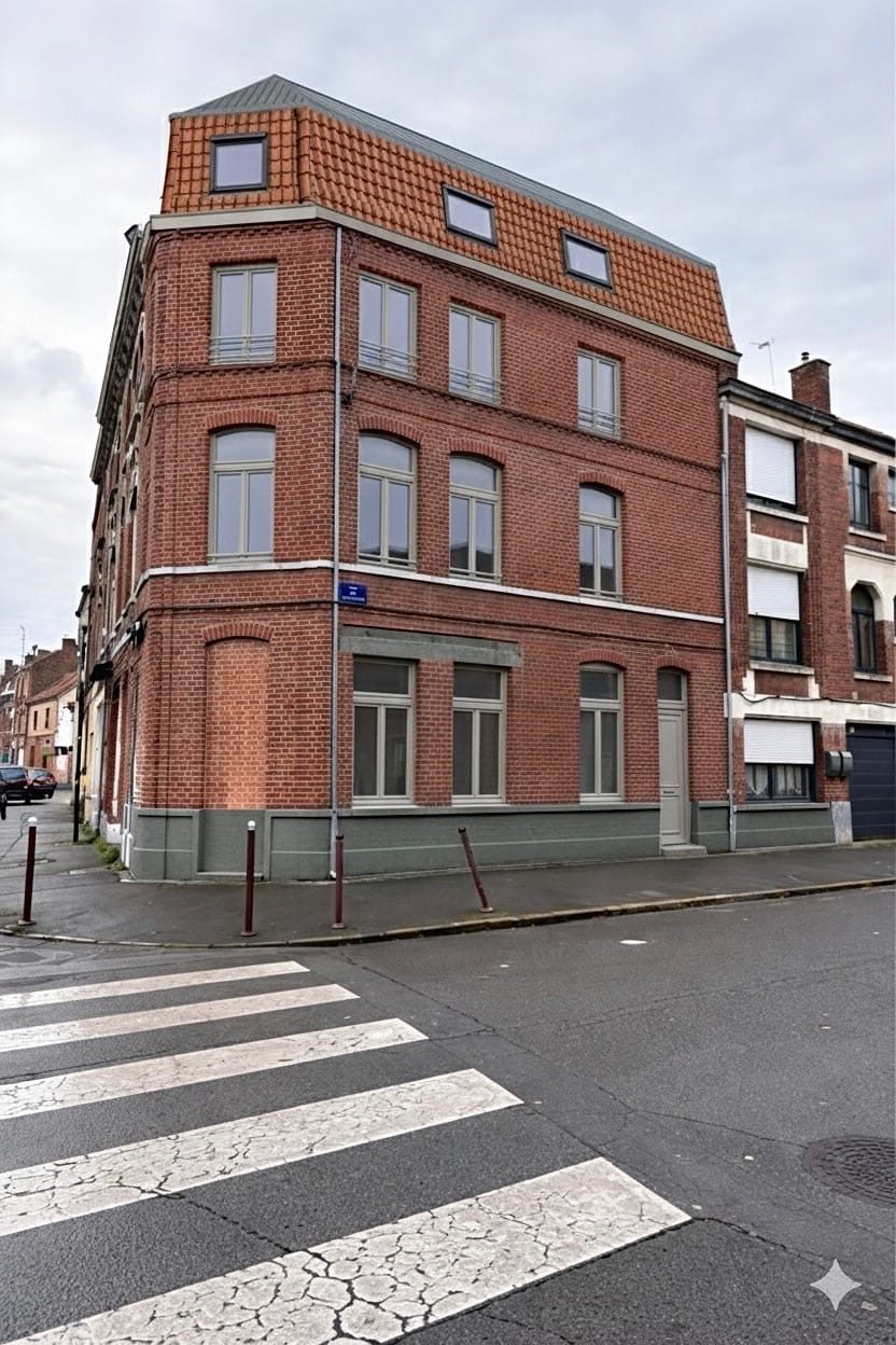 Immeuble d'angle en brique rouge à Tourcoing, toiture en tuiles